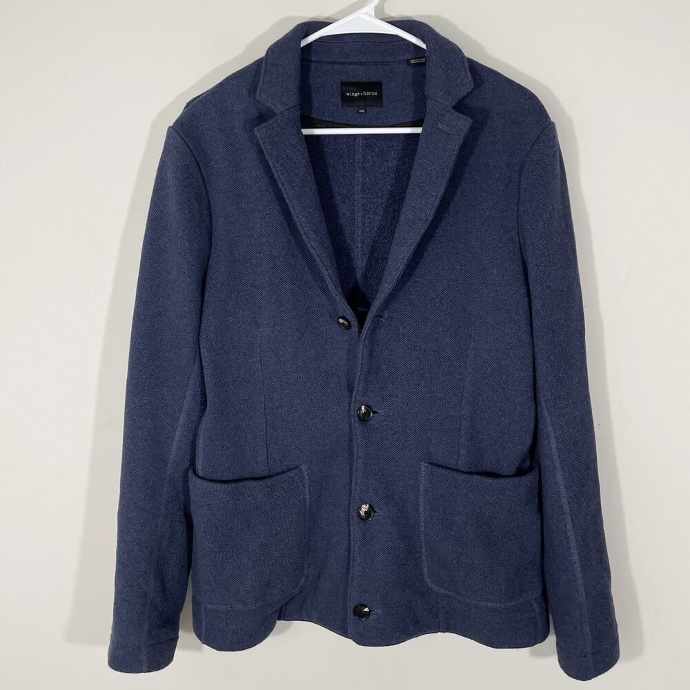 Wings + Horns Knit Cotton Blazer Jacket Mens Size Medium Navy Blue Dual Pocket